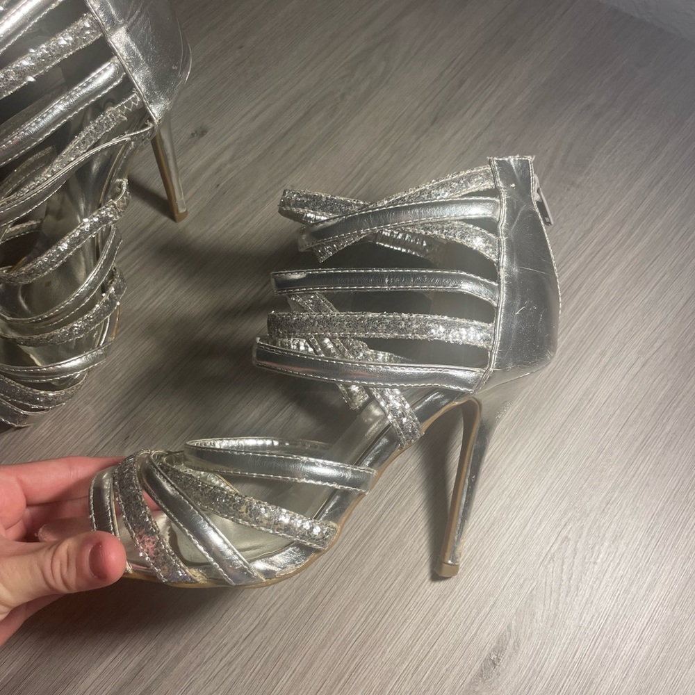 Debs Womens Silver Sparkly Strapy Heels